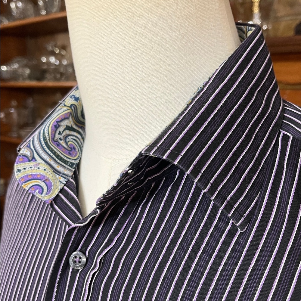 -Bugatchi Uomo Black w/Purple & Grey Button-Down w/Flip Cuffs & Collar L/S Sz XL - Picture 5 of 14